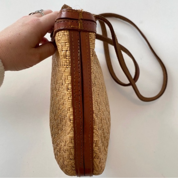 Vintage 80s Woven Straw Leather Trimmed Shoulderbag Brown Tan Double Straps - Picture 4 of 15